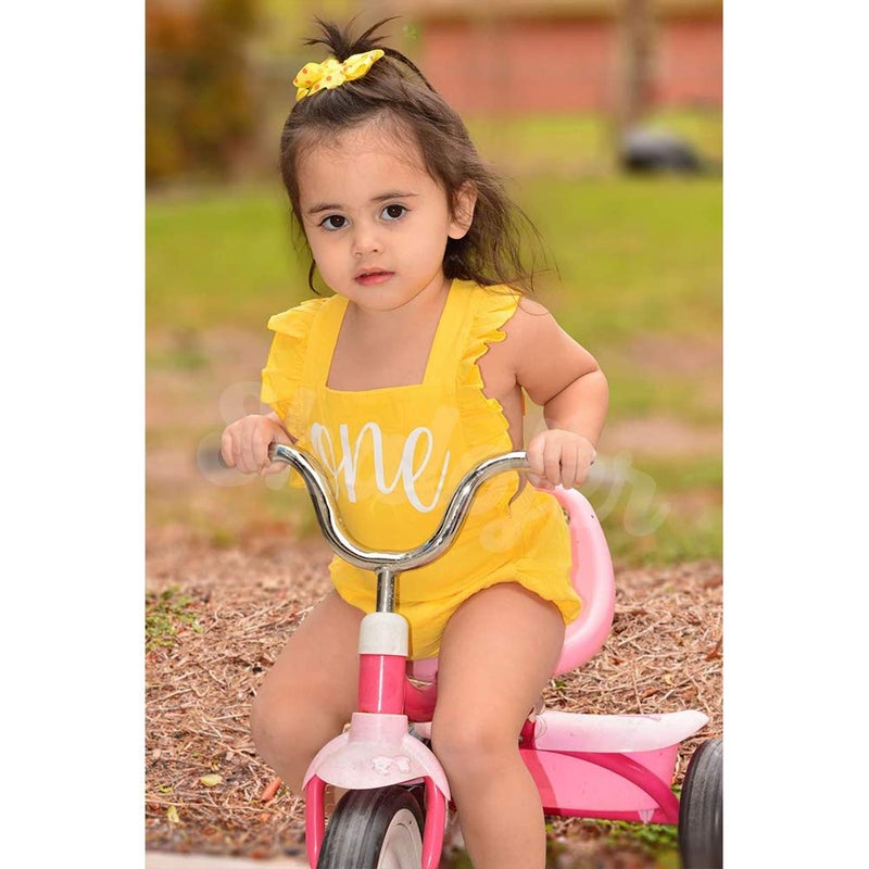 Shalofer Baby Girls One Year Old Outfits First Birthday Clothes Cute Backless Ruffles Jumpsuit with Headband (Yellow,12-18 Months) - Image 5